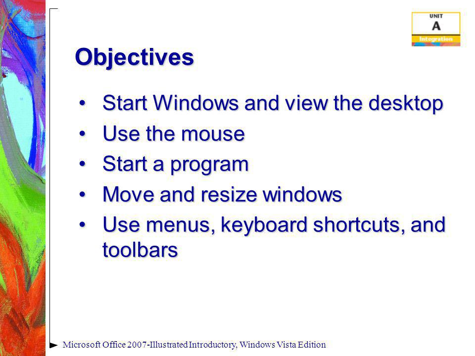 Microsoft Office 2007-Illustrated Introductory, Windows Vista Edition Objectives Start Windows and view the desktopStart Windows and view the desktop Use the mouseUse the mouse Start a programStart a program Move and resize windowsMove and resize windows Use menus, keyboard shortcuts, and toolbarsUse menus, keyboard shortcuts, and toolbars
