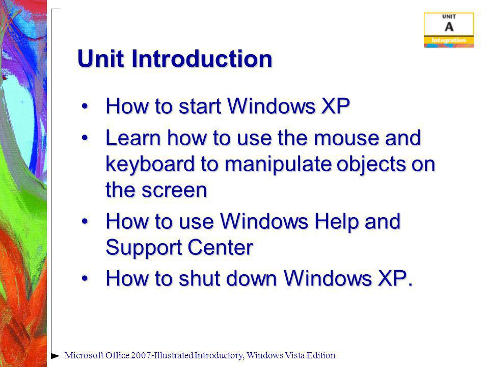 Unit Introduction How to start Windows XPHow to start Windows XP Learn how to use the mouse and keyboard to manipulate objects on the screenLearn how to use the mouse and keyboard to manipulate objects on the screen How to use Windows Help and Support CenterHow to use Windows Help and Support Center How to shut down Windows XP.How to shut down Windows XP.