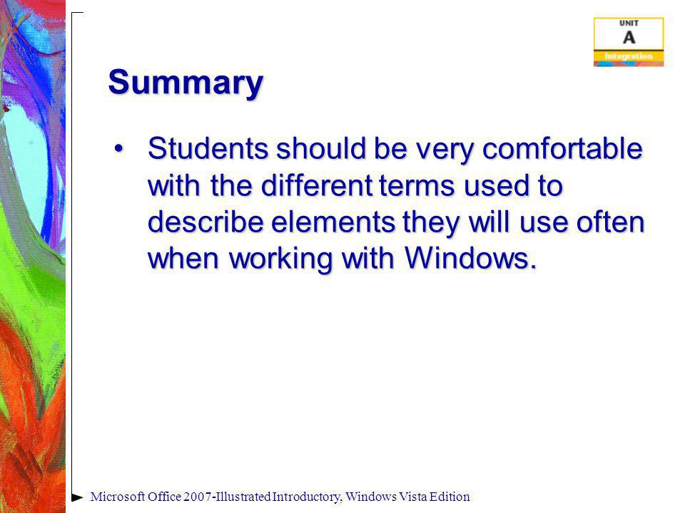 Summary Students should be very comfortable with the different terms used to describe elements they will use often when working with Windows.Students should be very comfortable with the different terms used to describe elements they will use often when working with Windows.