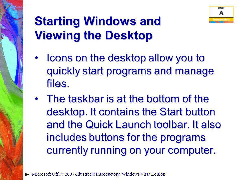 Starting Windows and Viewing the Desktop Icons on the desktop allow you to quickly start programs and manage files.Icons on the desktop allow you to quickly start programs and manage files.