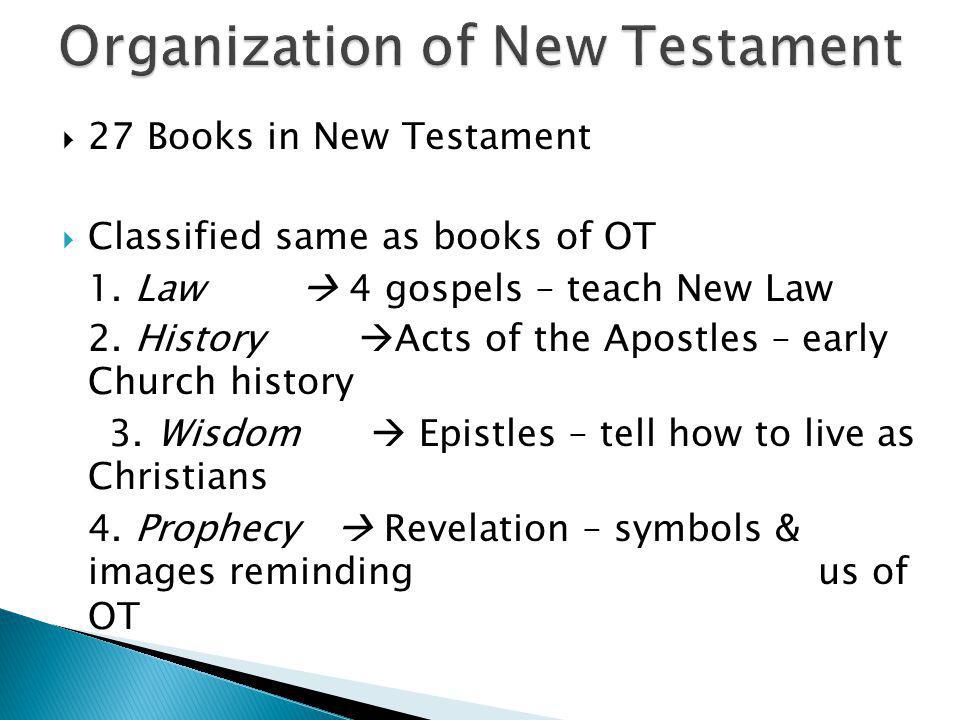  27 Books in New Testament  Classified same as books of OT 1.