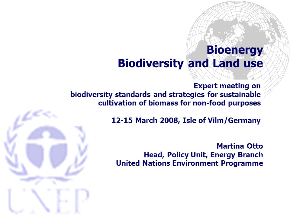 Bioenergy Biodiversity and Land use Expert meeting on biodiversity standards and strategies for sustainable cultivation of biomass for non-food purposes March 2008, Isle of Vilm/Germany Martina Otto Head, Policy Unit, Energy Branch United Nations Environment Programme