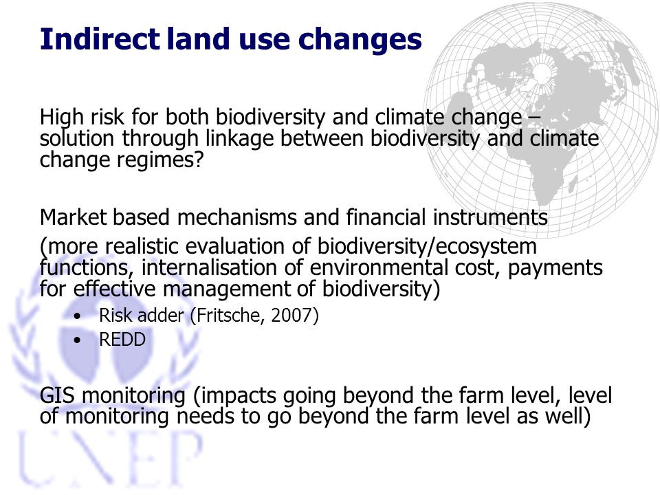 Indirect land use changes High risk for both biodiversity and climate change – solution through linkage between biodiversity and climate change regimes.
