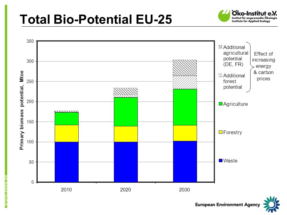 Total Bio-Potential EU Primary biomass potential, Mtoe Additional agricultural potential (DE, FR) Additional forest potential Agriculture Forestry Waste Effect of increasing energy & carbon prices