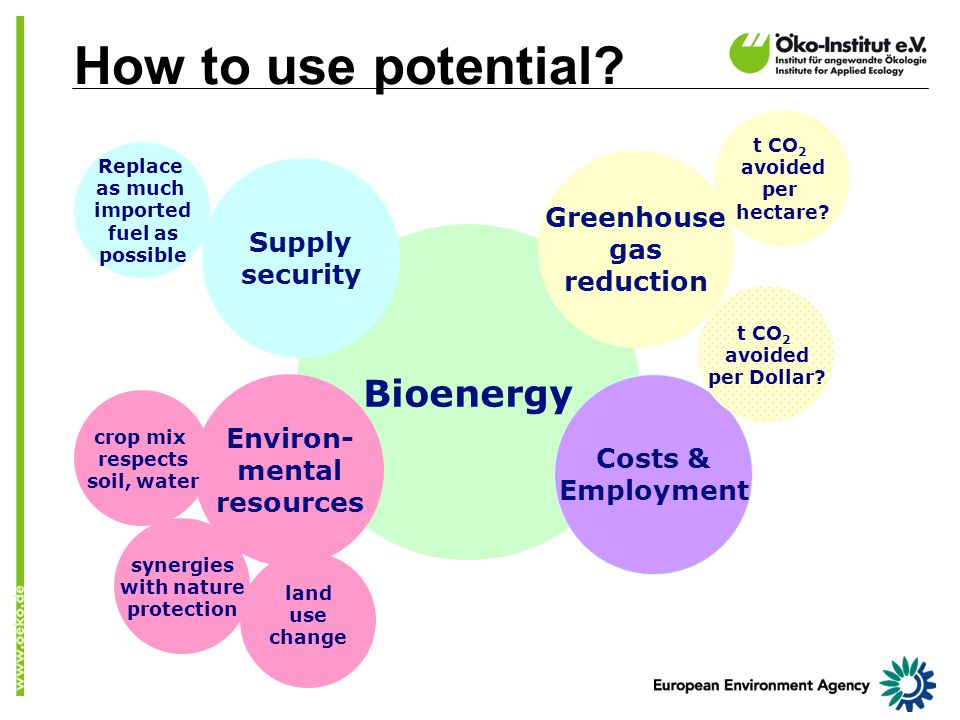 Bioenergy Environ- mental resources Costs & Employment Greenhouse gas reduction Supply security How to use potential.