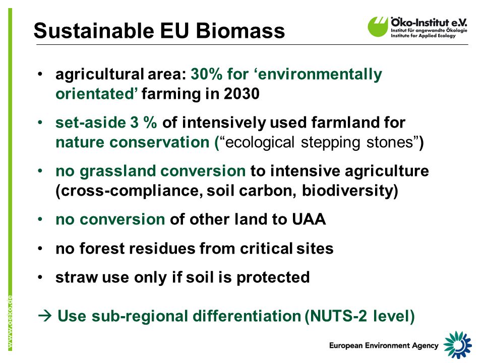 Sustainable EU Biomass agricultural area: 30% for ‘environmentally orientated’ farming in 2030 set-aside 3 % of intensively used farmland for nature conservation ( ecological stepping stones ) no grassland conversion to intensive agriculture (cross-compliance, soil carbon, biodiversity) no conversion of other land to UAA no forest residues from critical sites straw use only if soil is protected  Use sub-regional differentiation (NUTS-2 level)