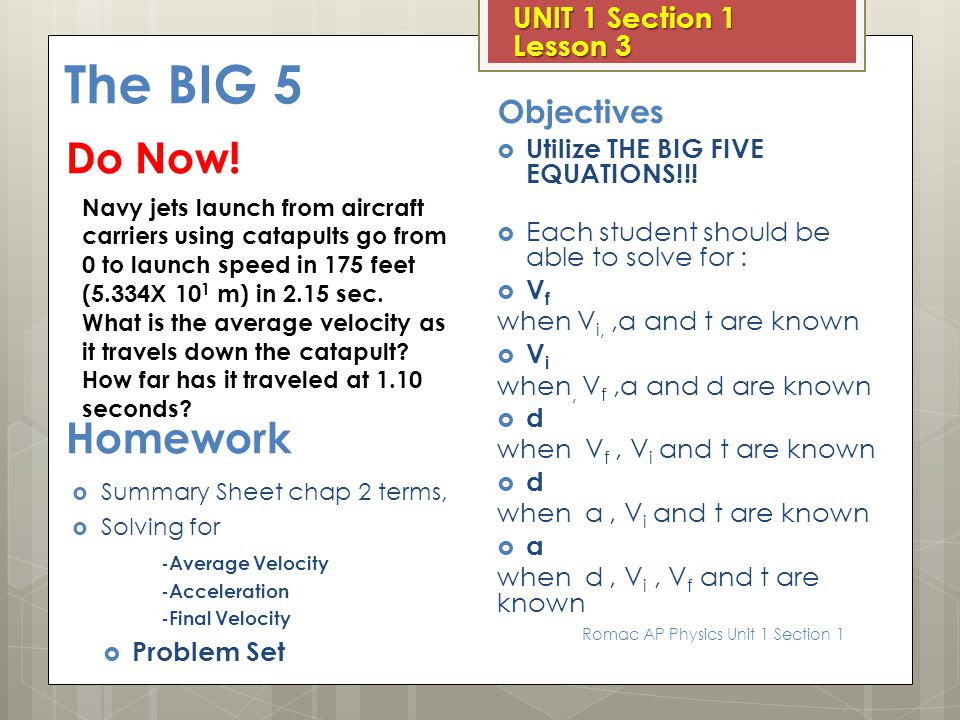 Ap Physics Unit 1 Kinematics Section One Dimensional Motion In Class Find The Equations 5 Of One Dimensional Motion Practice Demo