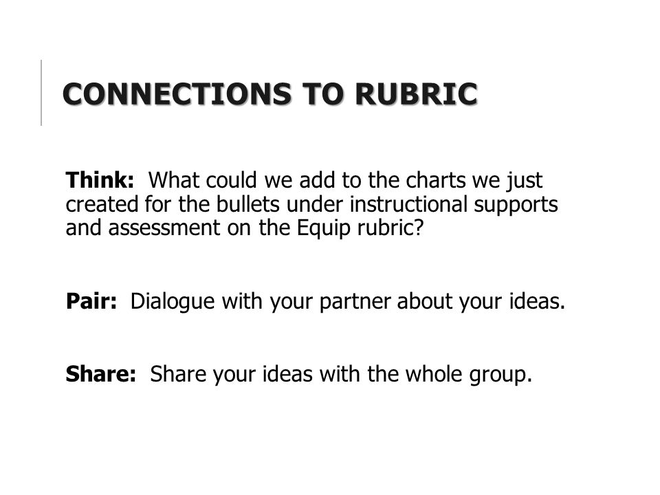 CONNECTIONS TO RUBRIC Think: What could we add to the charts we just created for the bullets under instructional supports and assessment on the Equip rubric.