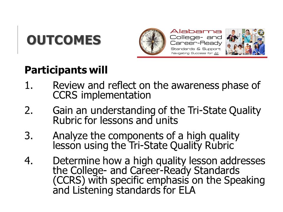 OUTCOMES Participants will 1.Review and reflect on the awareness phase of CCRS implementation 2.Gain an understanding of the Tri-State Quality Rubric for lessons and units 3.Analyze the components of a high quality lesson using the Tri-State Quality Rubric 4.Determine how a high quality lesson addresses the College- and Career-Ready Standards (CCRS) with specific emphasis on the Speaking and Listening standards for ELA
