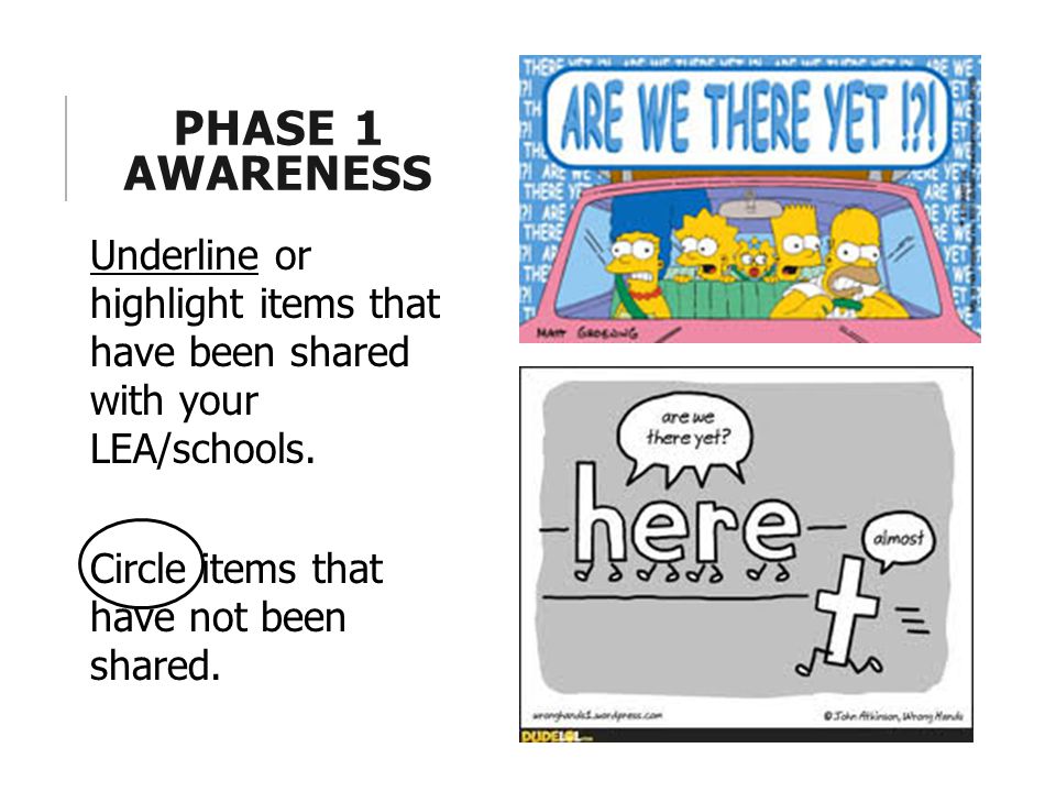PHASE 1 AWARENESS Underline or highlight items that have been shared with your LEA/schools.