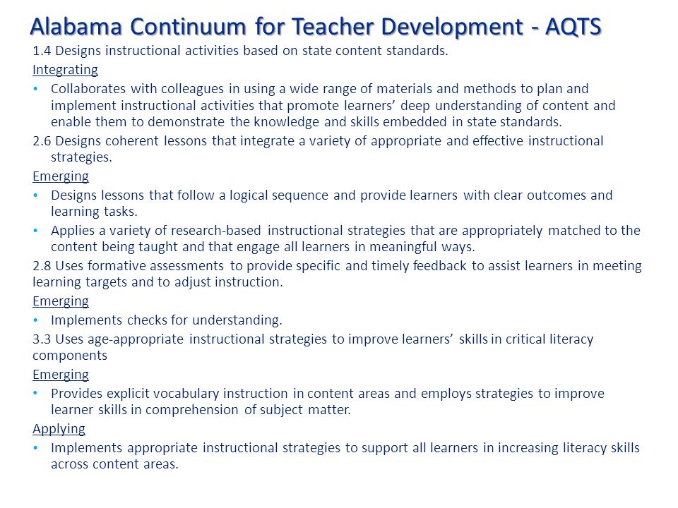 Alabama Continuum for Teacher Development - AQTS 1.4 Designs instructional activities based on state content standards.