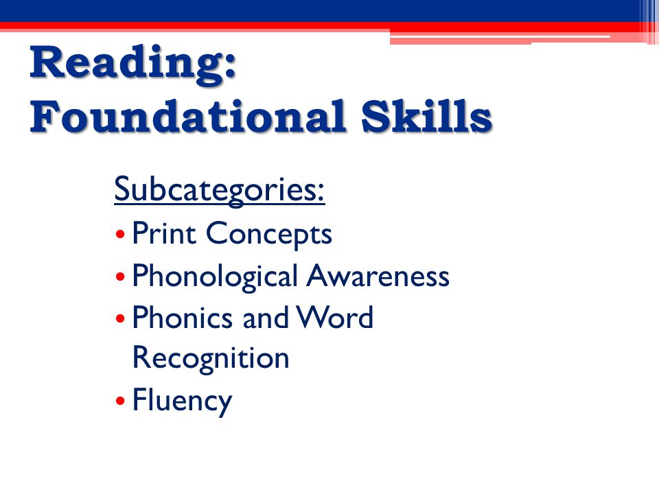 Reading: Foundational Skills Subcategories: Print Concepts Phonological Awareness Phonics and Word Recognition Fluency