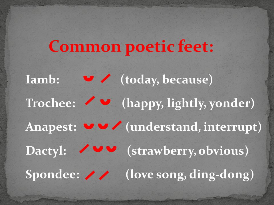 Iamb: (today, because) Trochee: (happy, lightly, yonder) Anapest: (understand, interrupt) Dactyl: (strawberry, obvious) Spondee: (love song, ding-dong) Common poetic feet: