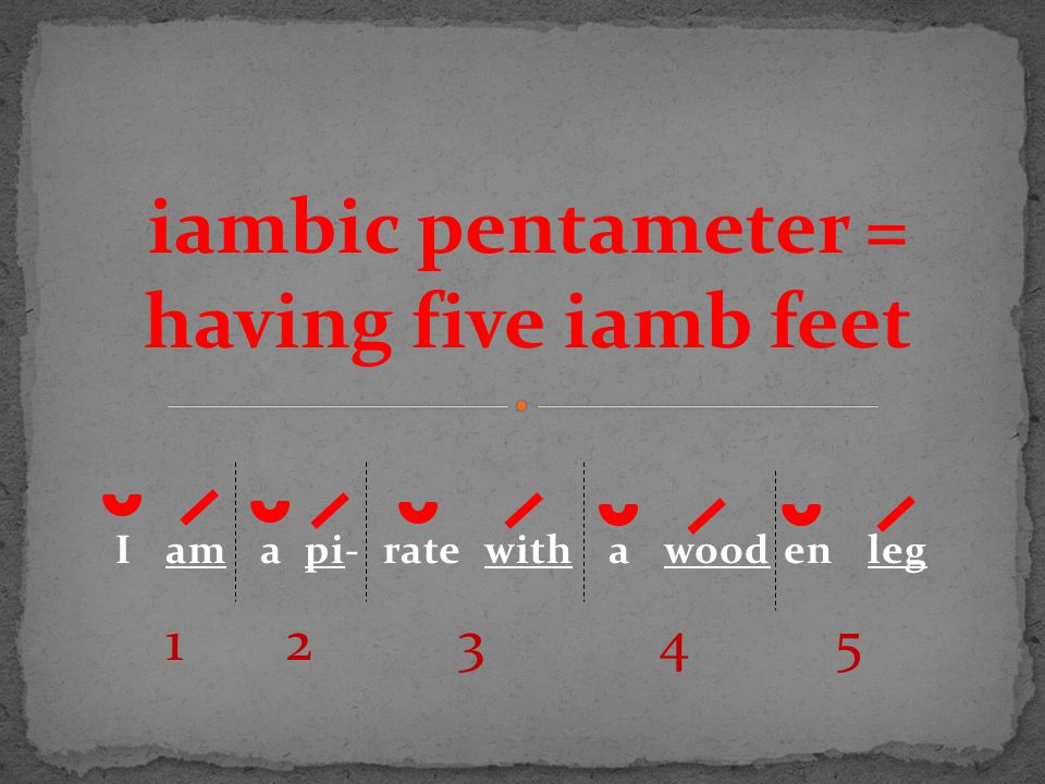 I am a pi- rate with a wood en leg iambic pentameter = having five iamb feet