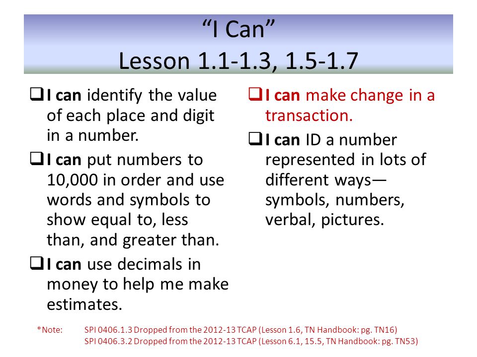 I Can Lesson ,  I can identify the value of each place and digit in a number.