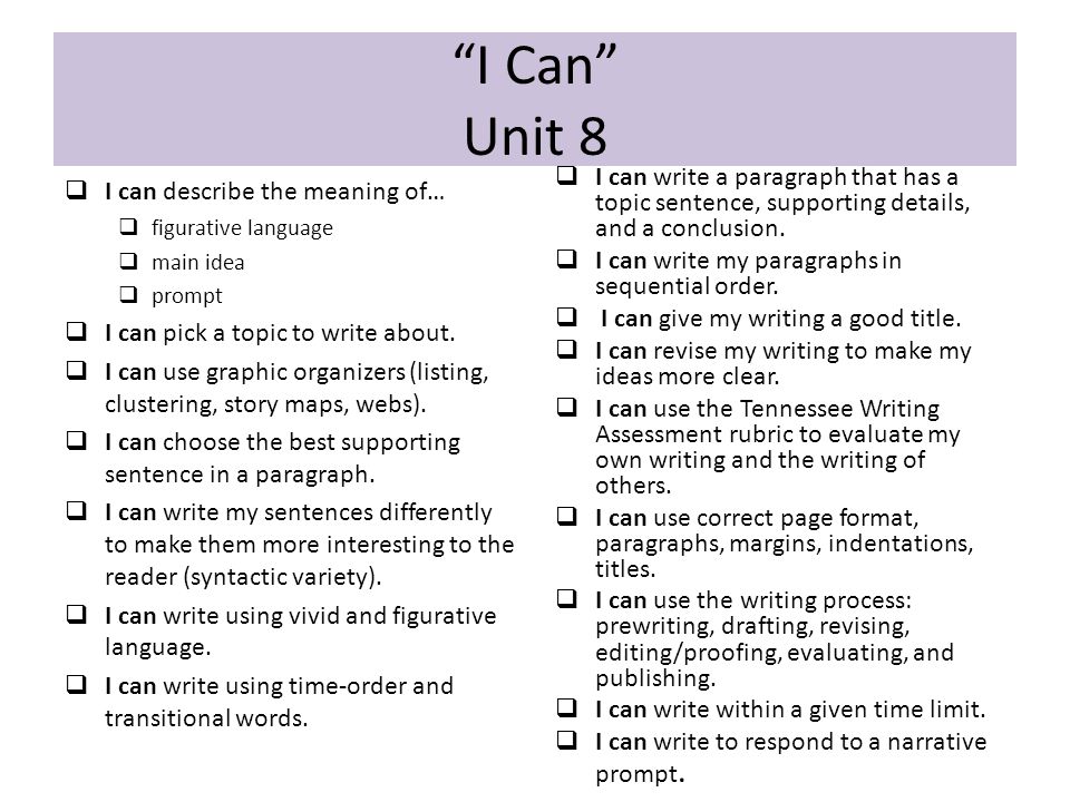 I Can Unit 8  I can describe the meaning of…  figurative language  main idea  prompt  I can pick a topic to write about.