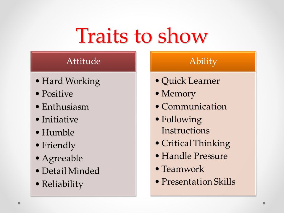 Traits to show Attitude Hard Working Positive Enthusiasm Initiative Humble Friendly Agreeable Detail Minded Reliability Ability Quick Learner Memory Communication Following Instructions Critical Thinking Handle Pressure Teamwork Presentation Skills