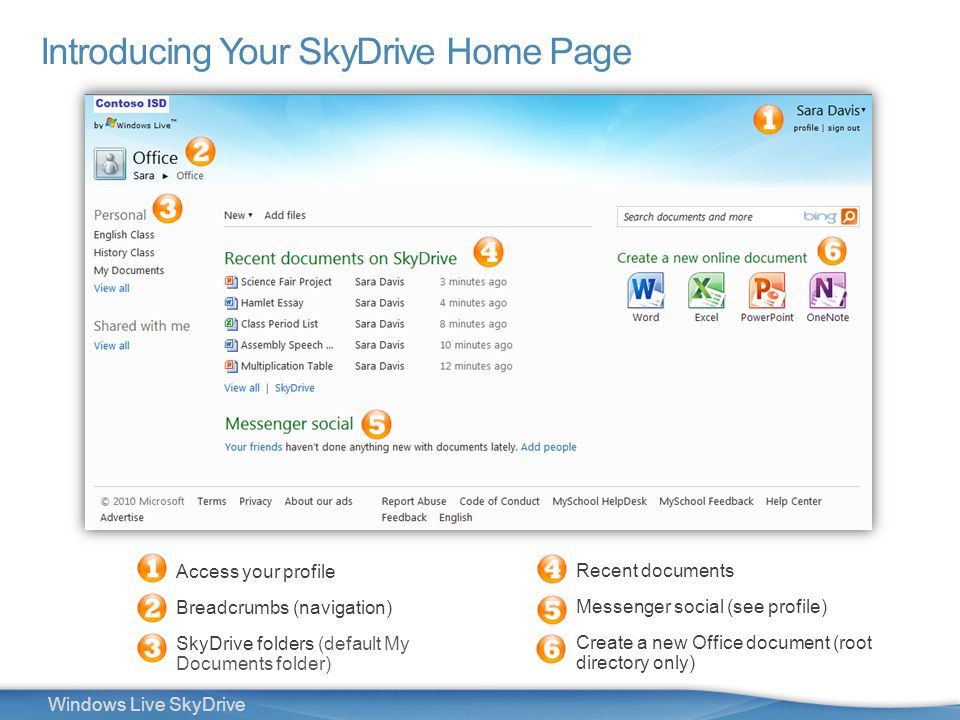 6 Windows Live SkyDrive Introducing Your SkyDrive Home Page Access your profile Breadcrumbs (navigation) SkyDrive folders (default My Documents folder) Recent documents Messenger social (see profile) Create a new Office document (root directory only)