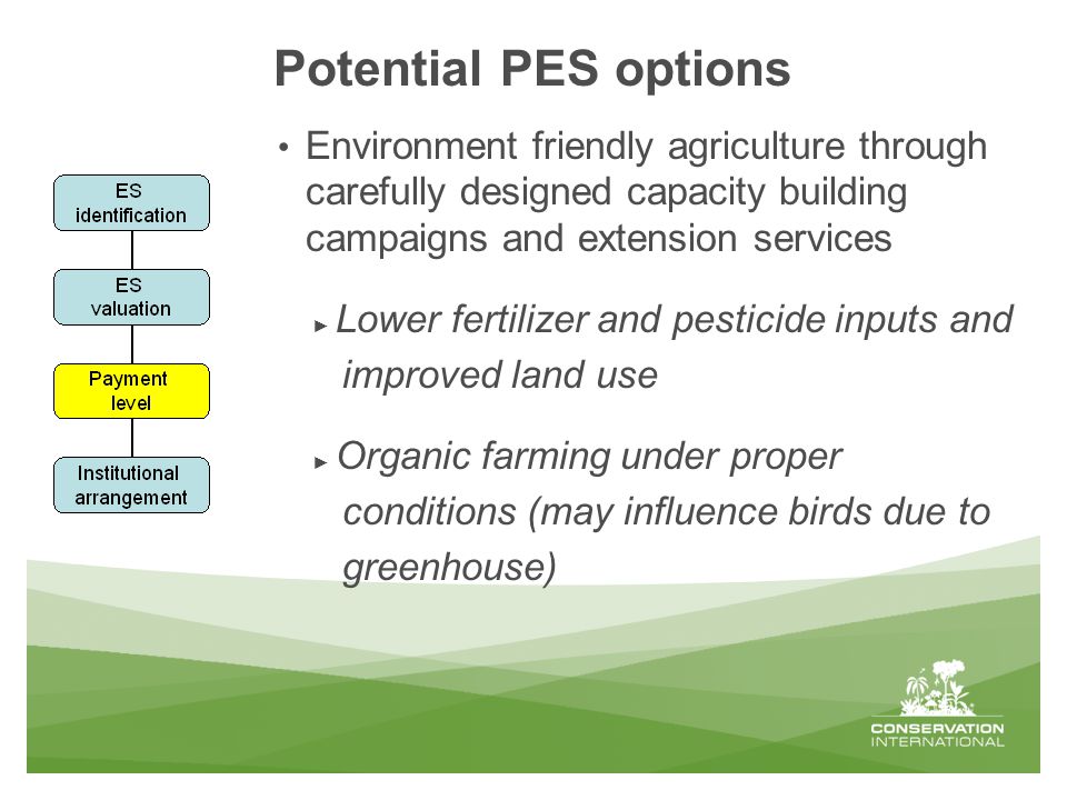 Potential PES options Environment friendly agriculture through carefully designed capacity building campaigns and extension services ► Lower fertilizer and pesticide inputs and improved land use ► Organic farming under proper conditions (may influence birds due to greenhouse)