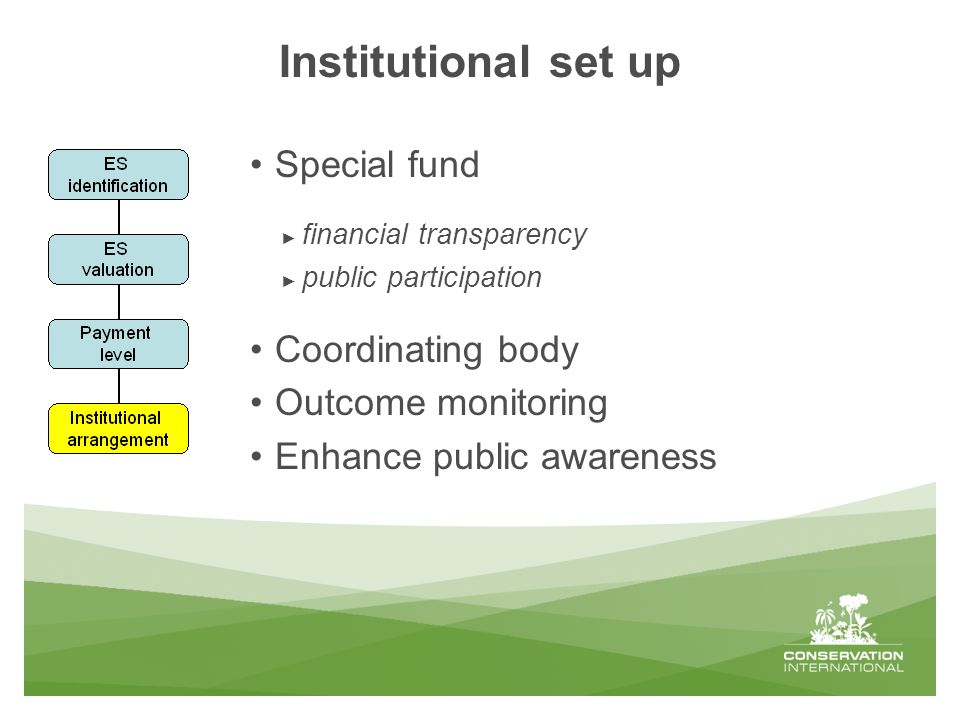 Institutional set up Special fund ► financial transparency ► public participation Coordinating body Outcome monitoring Enhance public awareness