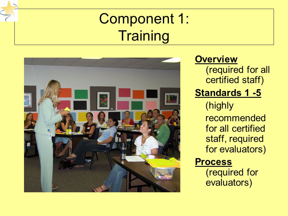 Component 1: Training Overview (required for all certified staff) Standards 1 -5 (highly recommended for all certified staff, required for evaluators) Process (required for evaluators)