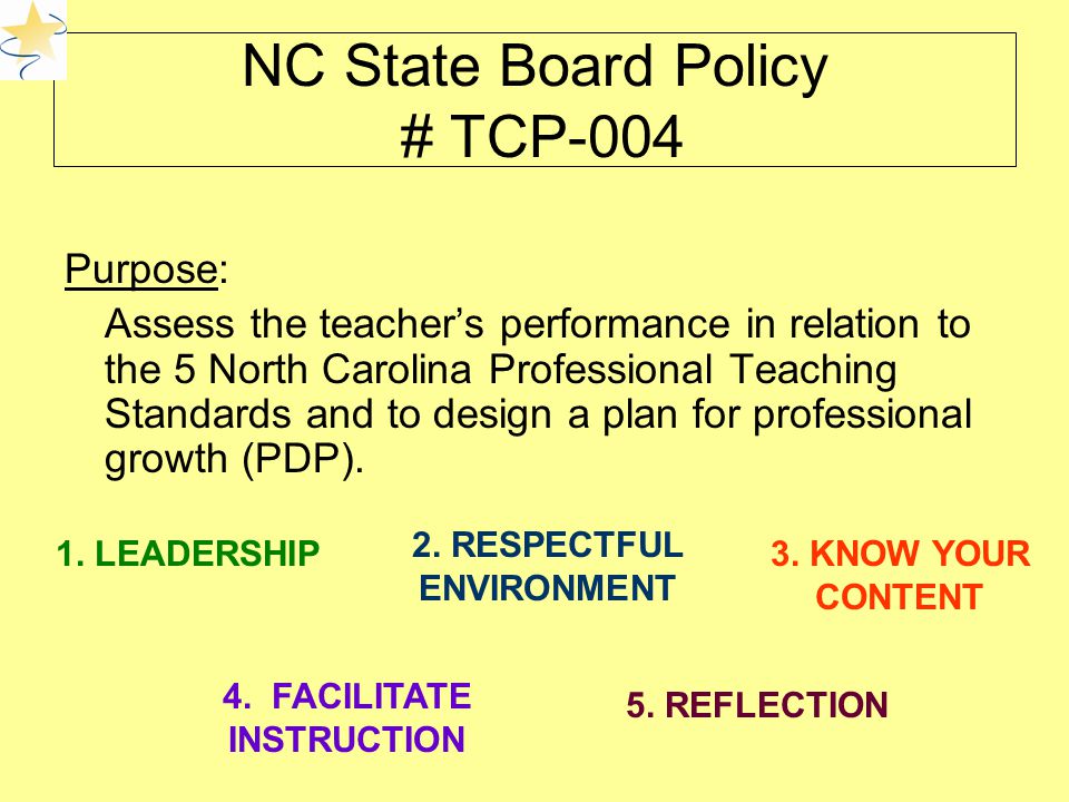 NC State Board Policy # TCP-004 Purpose: Assess the teacher’s performance in relation to the 5 North Carolina Professional Teaching Standards and to design a plan for professional growth (PDP).