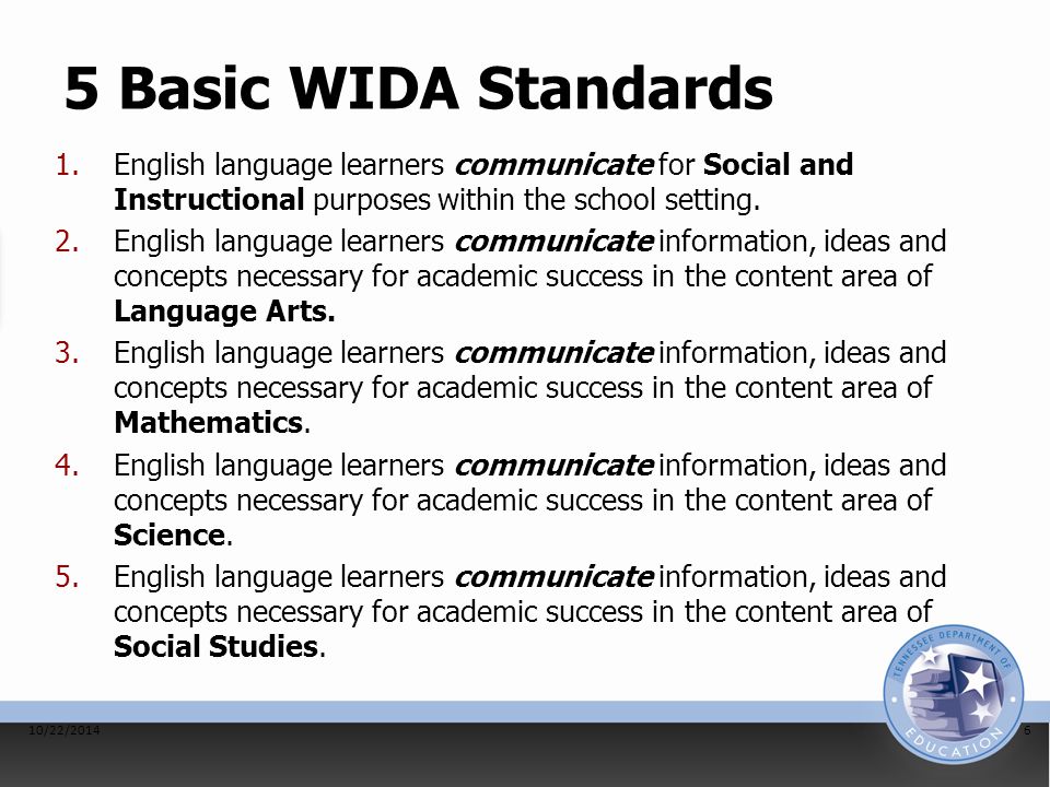 5 Basic WIDA Standards 1.English language learners communicate for Social and Instructional purposes within the school setting.