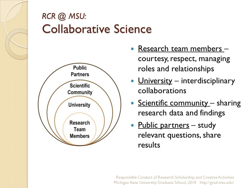 MSU: Collaborative Science Research team members – courtesy, respect, managing roles and relationships University – interdisciplinary collaborations Scientific community – sharing research data and findings Public partners – study relevant questions, share results Responsible Conduct of Research, Scholarship, and Creative Activities Michigan State University Graduate School,