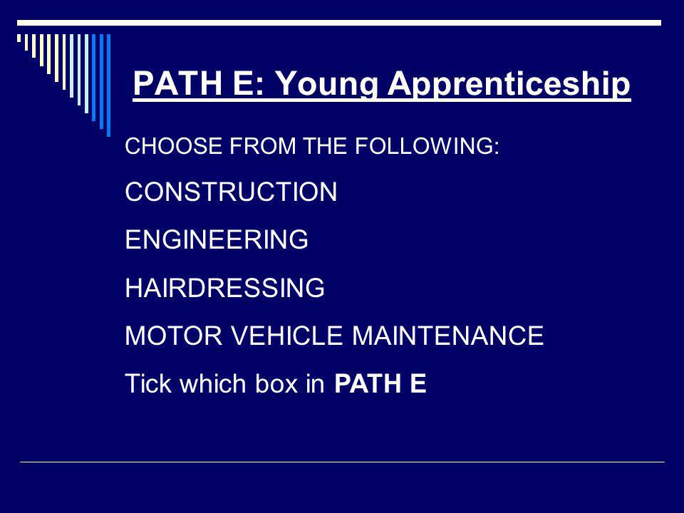 PATH E: Young Apprenticeship CHOOSE FROM THE FOLLOWING: CONSTRUCTION ENGINEERING HAIRDRESSING MOTOR VEHICLE MAINTENANCE Tick which box in PATH E