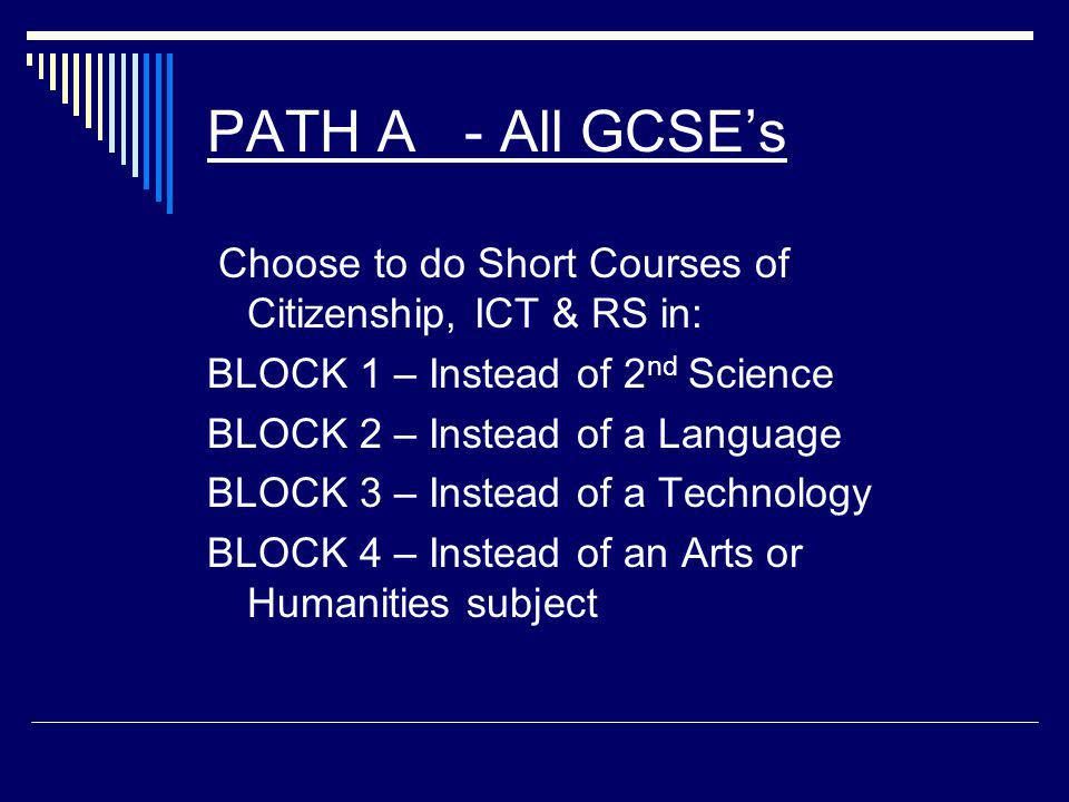 PATH A - All GCSE’s Choose to do Short Courses of Citizenship, ICT & RS in: BLOCK 1 – Instead of 2 nd Science BLOCK 2 – Instead of a Language BLOCK 3 – Instead of a Technology BLOCK 4 – Instead of an Arts or Humanities subject