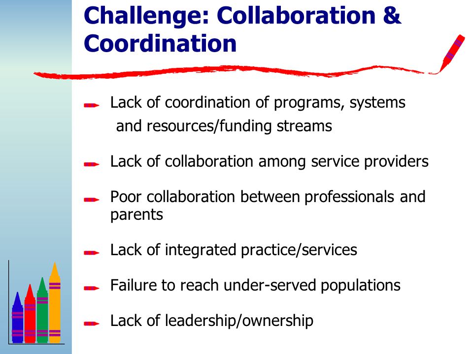 Challenge: Collaboration & Coordination Lack of coordination of programs, systems and resources/funding streams Lack of collaboration among service providers Poor collaboration between professionals and parents Lack of integrated practice/services Failure to reach under-served populations Lack of leadership/ownership