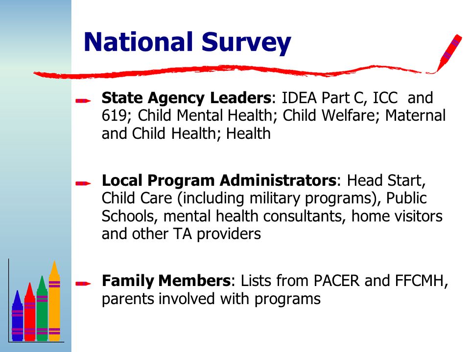 State Agency Leaders: IDEA Part C, ICC and 619; Child Mental Health; Child Welfare; Maternal and Child Health; Health Local Program Administrators: Head Start, Child Care (including military programs), Public Schools, mental health consultants, home visitors and other TA providers Family Members: Lists from PACER and FFCMH, parents involved with programs National Survey