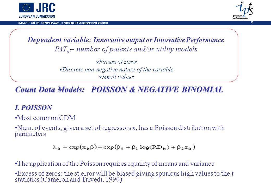 Huelva 17 th and 18 th November 2008 – II Workshop on Entrepreneurship Statistics 10 Dependent variable: Innovative output or Innovative Performance PAT it = number of patents and/or utility models Excess of zeros Discrete non-negative nature of the variable Small values Count Data Models: POISSON & NEGATIVE BINOMIAL I.
