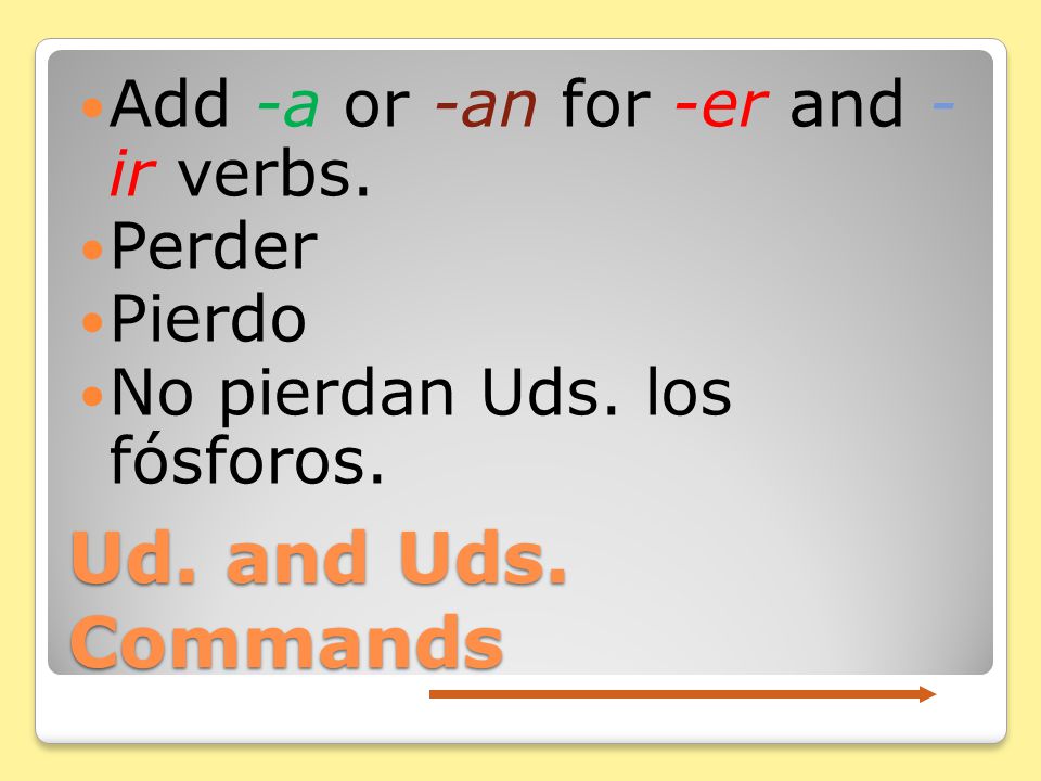 Ud. and Uds. Commands With negative commands, pronouns go right before the verb.