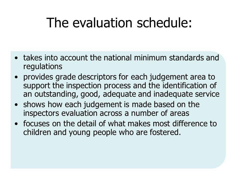 The evaluation schedule: takes into account the national minimum standards and regulations provides grade descriptors for each judgement area to support the inspection process and the identification of an outstanding, good, adequate and inadequate service shows how each judgement is made based on the inspectors evaluation across a number of areas focuses on the detail of what makes most difference to children and young people who are fostered.