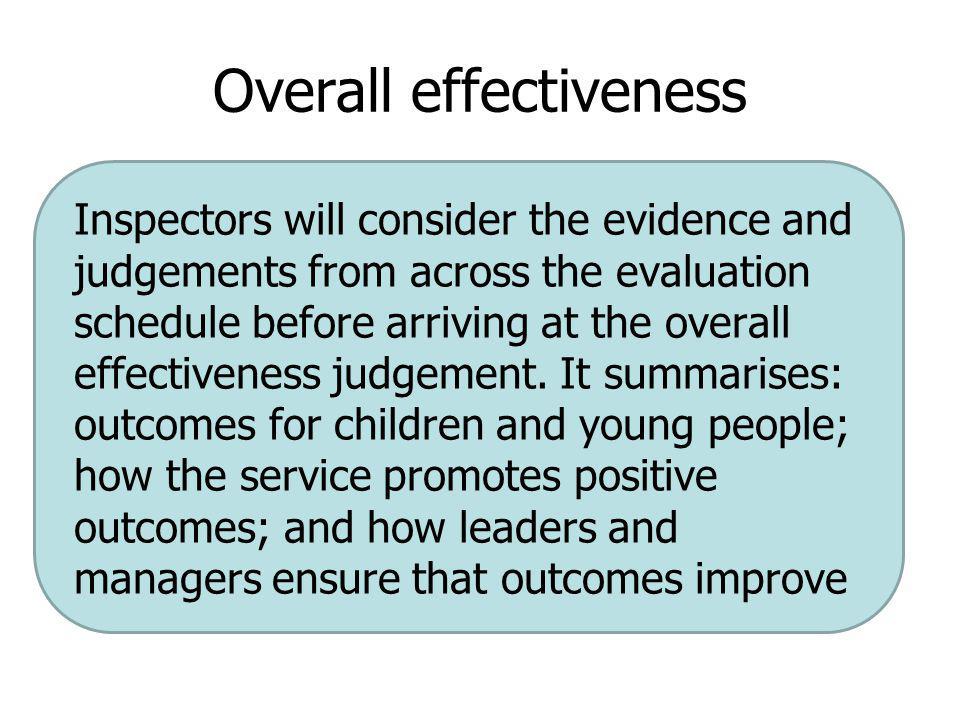 Overall effectiveness Inspectors will consider the evidence and judgements from across the evaluation schedule before arriving at the overall effectiveness judgement.