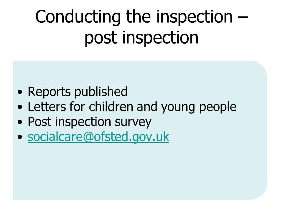 Conducting the inspection – post inspection Reports published Letters for children and young people Post inspection survey