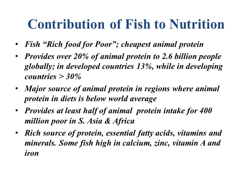 Contribution of Fish to Nutrition Fish Rich food for Poor ; cheapest animal protein Provides over 20% of animal protein to 2.6 billion people globally; in developed countries 13%, while in developing countries > 30% Major source of animal protein in regions where animal protein in diets is below world average Provides at least half of animal protein intake for 400 million poor in S.