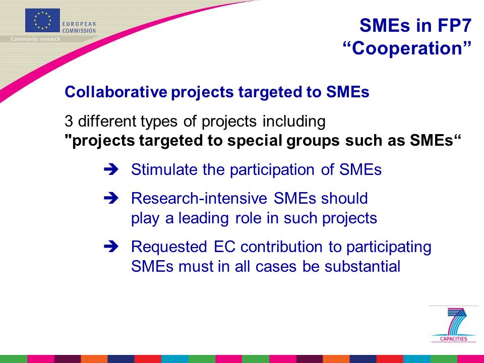Collaborative projects targeted to SMEs 3 different types of projects including projects targeted to special groups such as SMEs  Stimulate the participation of SMEs  Research-intensive SMEs should play a leading role in such projects  Requested EC contribution to participating SMEs must in all cases be substantial SMEs in FP7 Cooperation