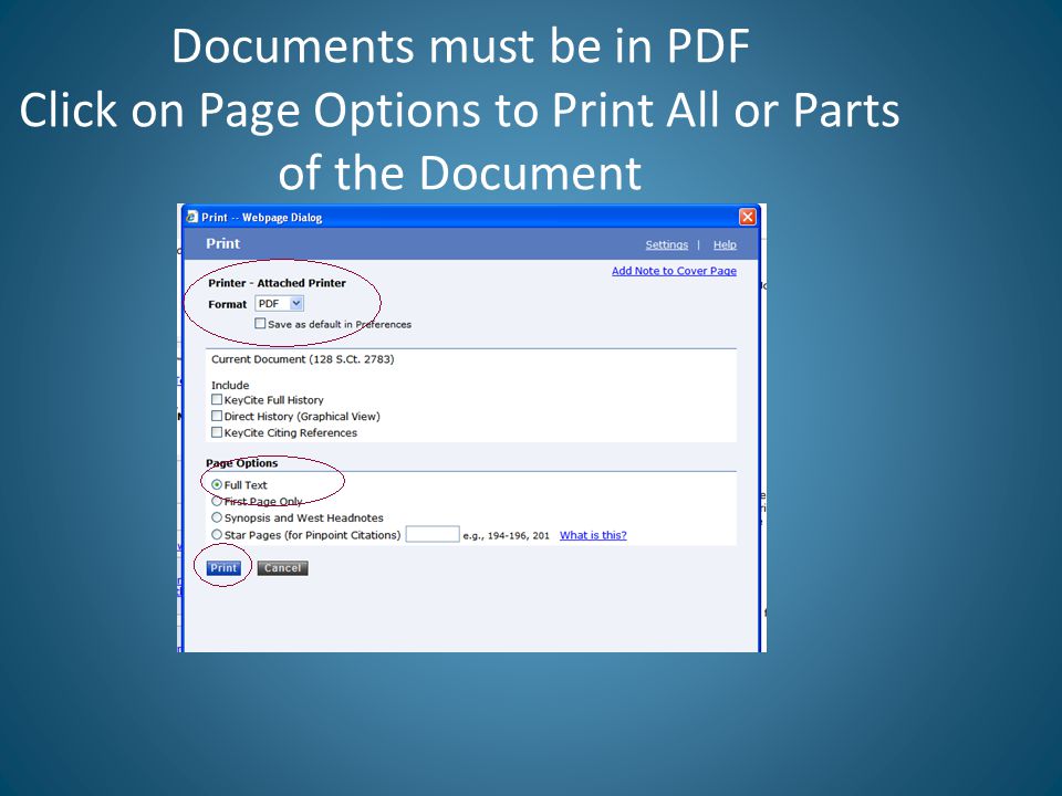 Documents must be in PDF Click on Page Options to Print All or Parts of the Document