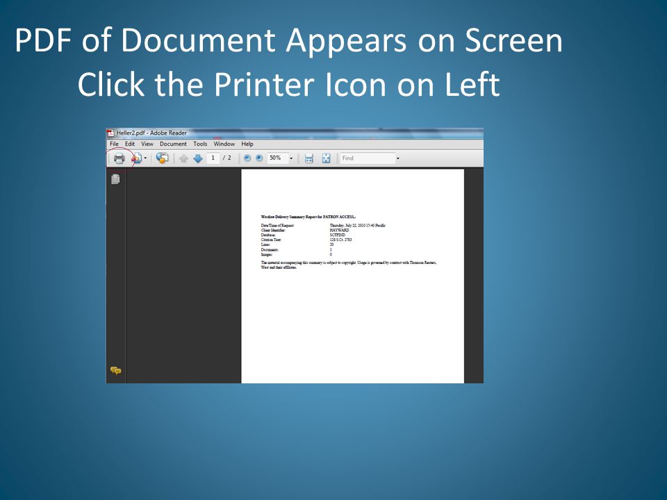PDF of Document Appears on Screen Click the Printer Icon on Left