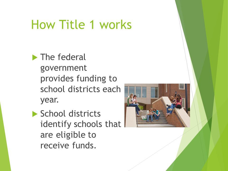 How Title 1 works  The federal government provides funding to school districts each year.