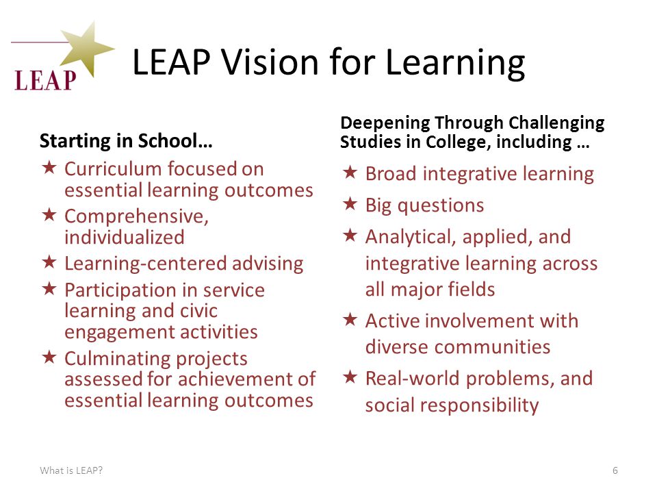 LEAP Vision for Learning Starting in School…  Curriculum focused on essential learning outcomes  Comprehensive, individualized  Learning-centered advising  Participation in service learning and civic engagement activities  Culminating projects assessed for achievement of essential learning outcomes Deepening Through Challenging Studies in College, including …  Broad integrative learning  Big questions  Analytical, applied, and integrative learning across all major fields  Active involvement with diverse communities  Real-world problems, and social responsibility What is LEAP 6