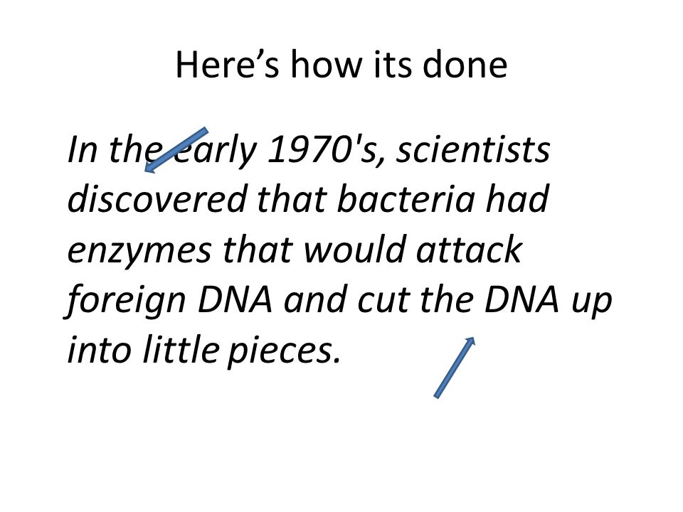Here’s how its done In the early 1970 s, scientists discovered that bacteria had enzymes that would attack foreign DNA and cut the DNA up into little pieces.