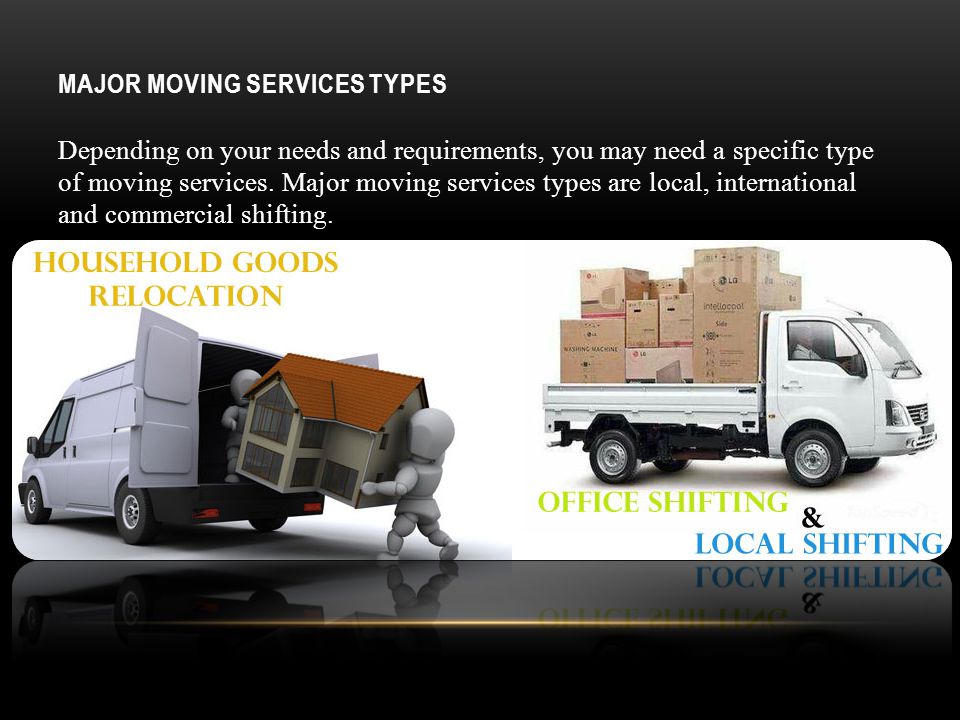 MAJOR MOVING SERVICES TYPES Depending on your needs and requirements, you may need a specific type of moving services.