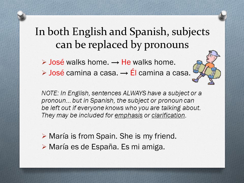 In both English and Spanish, subjects can be replaced by pronouns  José walks home.