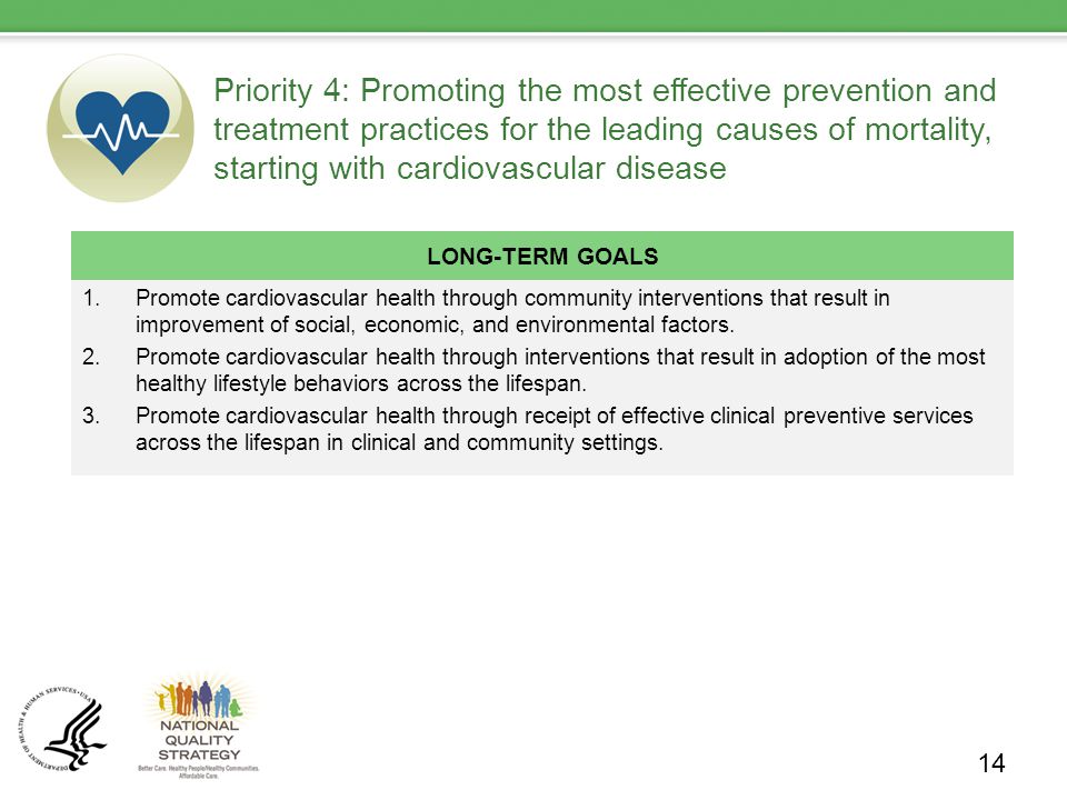 Priority 4: Promoting the most effective prevention and treatment practices for the leading causes of mortality, starting with cardiovascular disease LONG-TERM GOALS 1.Promote cardiovascular health through community interventions that result in improvement of social, economic, and environmental factors.