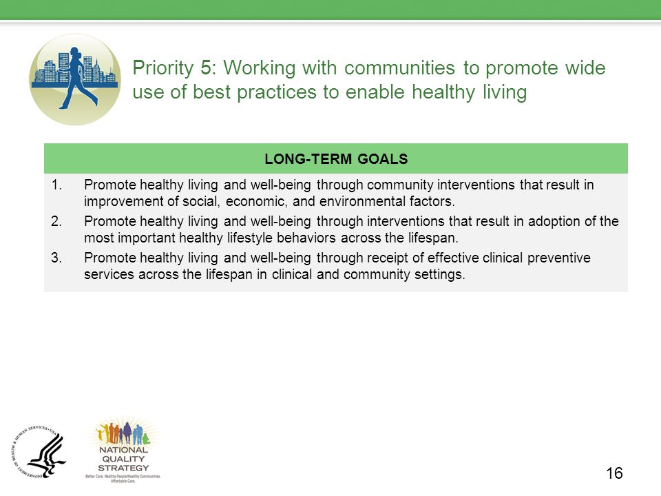 Priority 5: Working with communities to promote wide use of best practices to enable healthy living LONG-TERM GOALS 1.Promote healthy living and well-being through community interventions that result in improvement of social, economic, and environmental factors.