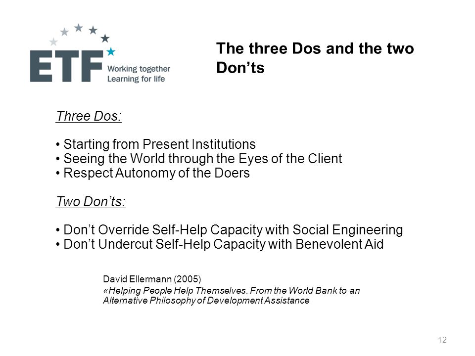 12 The three Dos and the two Don’ts Three Dos: Starting from Present Institutions Seeing the World through the Eyes of the Client Respect Autonomy of the Doers Two Don’ts: Don’t Override Self-Help Capacity with Social Engineering Don’t Undercut Self-Help Capacity with Benevolent Aid David Ellermann (2005) «Helping People Help Themselves.