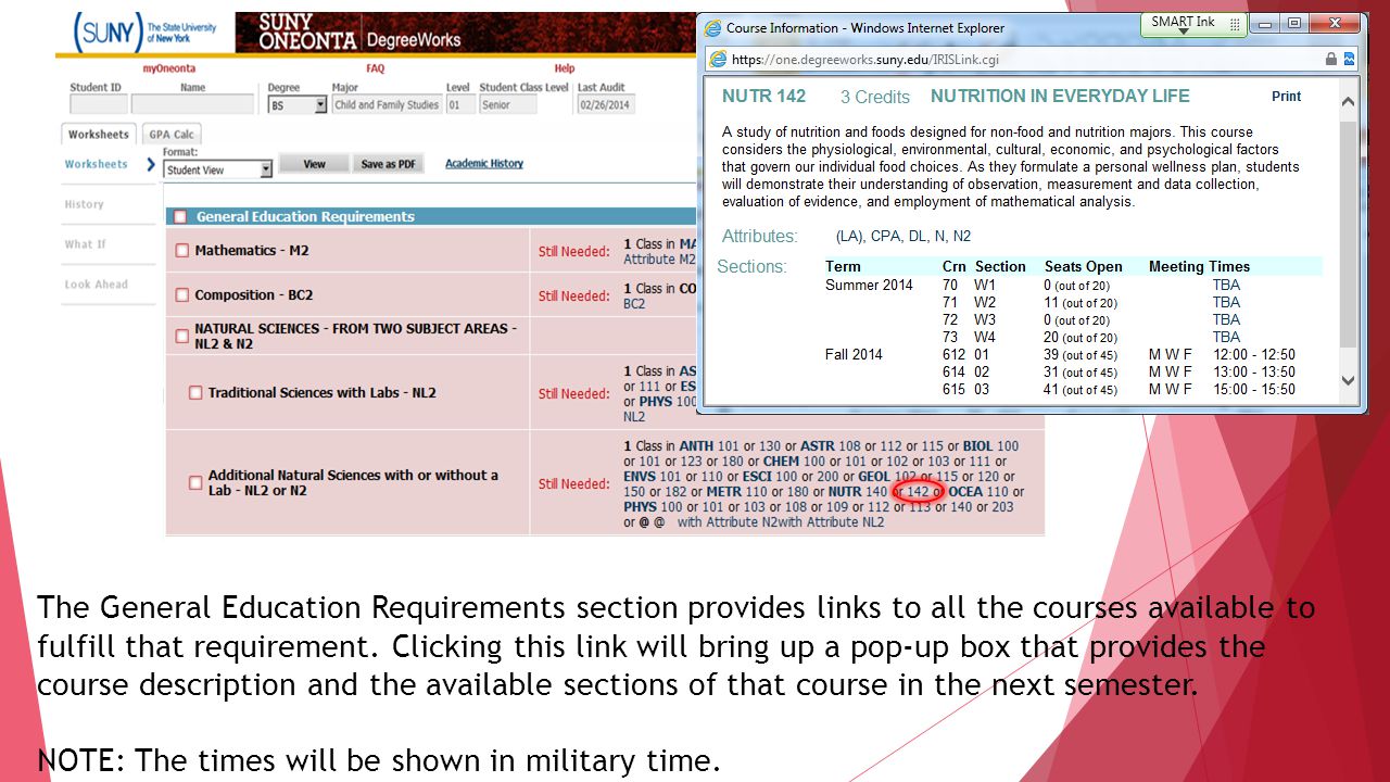 The General Education Requirements section provides links to all the courses available to fulfill that requirement.